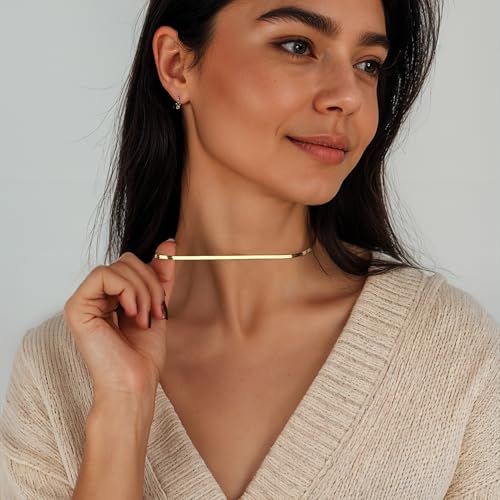 Herringbone Chain Necklace for Women Men, Real Gold Over Sweatproof, Water-Resistant, Everyday Wear, 2mm-2.5mm-3mm-4mm-5mm Wide Flat Snake Chain Stainless Steel Gold Coating 14k Golden Color2