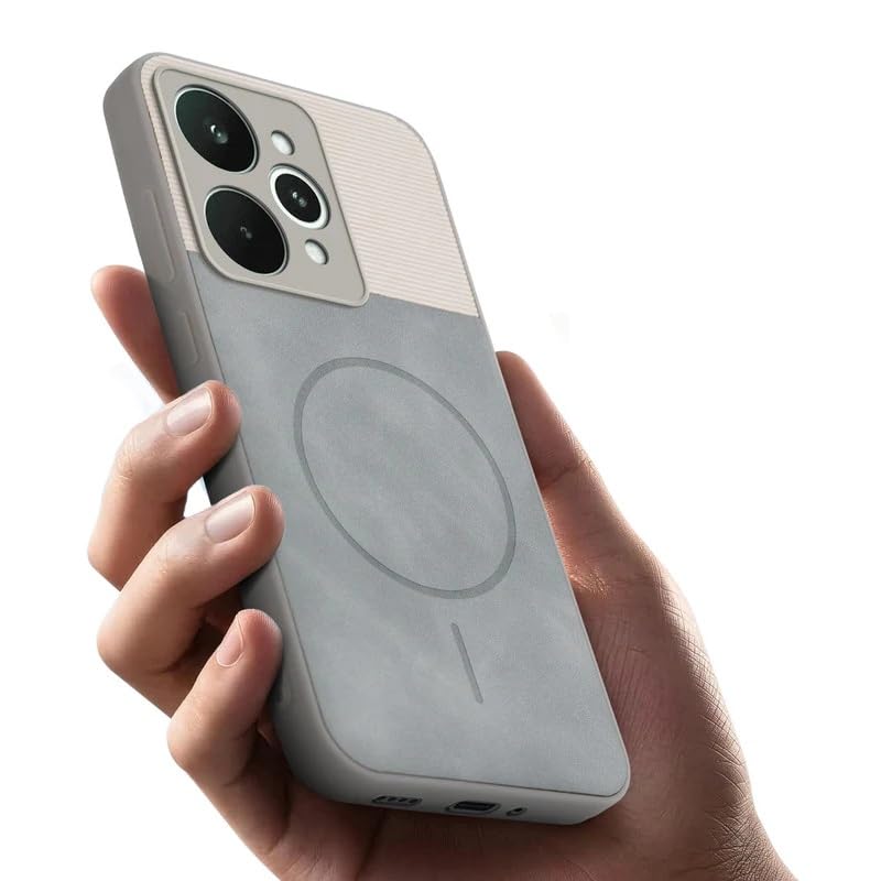 Image of Bintage case Dual-Leather Macc-Safe Design Phone Case| Soft Touch Finish | Full Camera Protectection Back Cover Compatible for Realme RMX5106 /Realme 15 5G - White & Matelic Grey