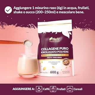 Nu U Nutrition Polvere di collagene 600 g - 100 porzioni - Bovino puro al 100% di alta qualità - Peptidi di collagene idrolizzati con 8 aminoacidi essenziali - Collagene idrolizzato non aromatizzato -