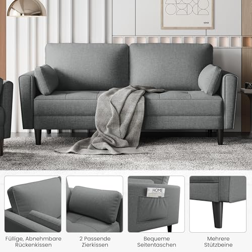 Yaheetech 2 Sitzer Sofa, Polstersofa mit 2 Kissen und Armlehnen, Moderne Couch Loungesofa aus Leinenstoff, Bequemes Loveseat für Wohnzimmer/Schlafzimmer Dunkelgrau