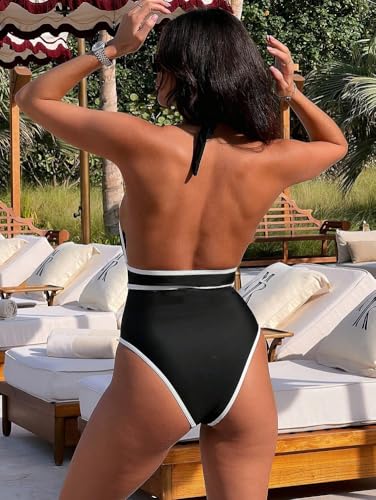 Women Halter One Piece Swimsuits Sexy Deep V Neck Contrast Tummy Control Bathing Suit2