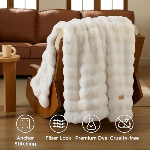 Bedsure GentleSoft Fluffy Bubble Blanket, Cozy Soft Faux Fur Throw Blanket for Couch, Fuzzy Faux Fur Decor for Bedroom Living Room, Thick Warm Furry Cozy Gifts for Women Girls Mom, Cream, 50x60 Inch