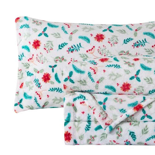 Elegant Comfort Luxuriously Soft 4-Piece Holiday Velvet Plush Flannel Sheet Set - Premium Quality - Cozy Warm, Christmas Fuzzy Velvet Flannel Fleece Deep Pocket Sheet Set - Twin, Winter Bloom