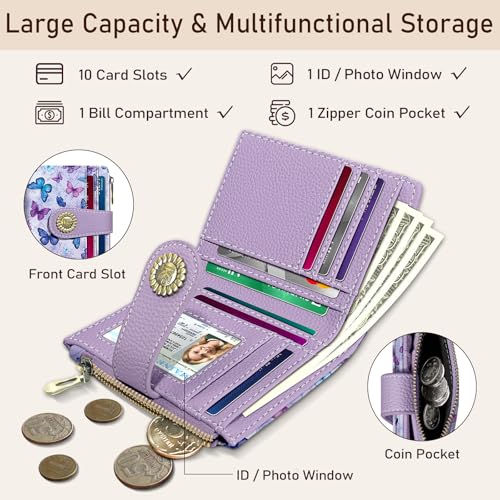 Image of Kelvoris Small Rfid Butterfly Women Wallet Bifold Zipper Coin Pocket | PU Leather Compact Cash Credit Card Holder Travel Purse for Female Ladies Teen Girls 1 ID Window 10 Card Slots