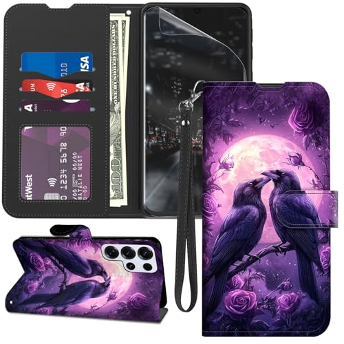 for Samsung Galaxy S25 Ultra Case Wallet with Screen Protector, Stand PU Leather Flip Folio Cover with Card Holder, Full-Body Protection Phone Case for Samsung S25 Ultra, Two Ravens