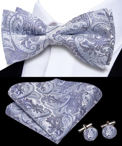Image of Hi-Tie Bow Ties for Men Pre-Tied Pocket Square with Cufflinks Mens Bowtie Sets for Wedding Formal Party