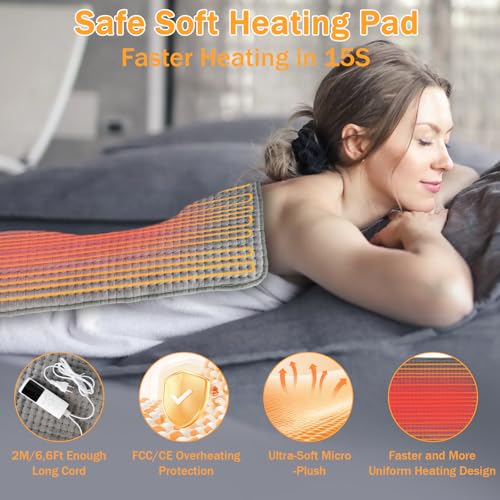 Hossom Heizkissen mit Abschaltautomatik, 84 x 43 cm Wärmekissen für Rücken Nacken Schulter Bauch, 9 Heizstufen (35-75°C) und 2-Stunden-Timer, Heizdecke mit Überhitzungsschutz Waschbar (Grau)