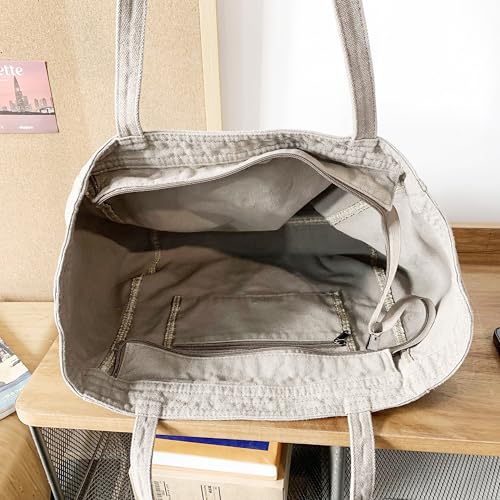 Image of Cotton Tote Handbag Women Canvas Crossbody Beach Bag Hobo Shoulder Tote Bag with 3 External Pocket,Zipper Closure