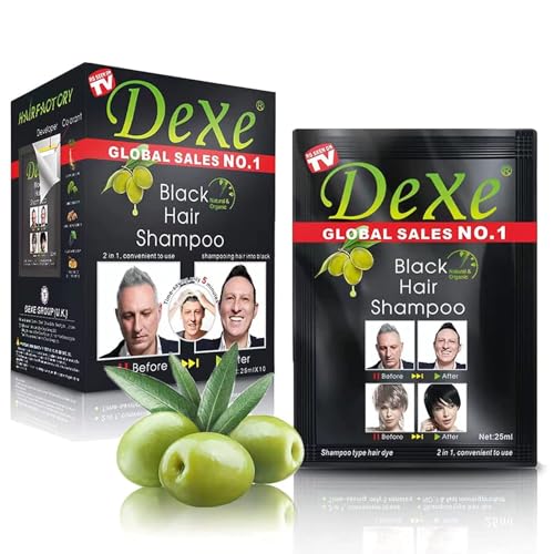 Dexe Economy Black Hair Shampoo 25ml x 10 - Schnelle Färbung, Ammoniakfrei, Langanhaltendes glänzendes Natürliche Kräuterformel | Haarfärbemittel Ginseng-Ingwer mit Kajal