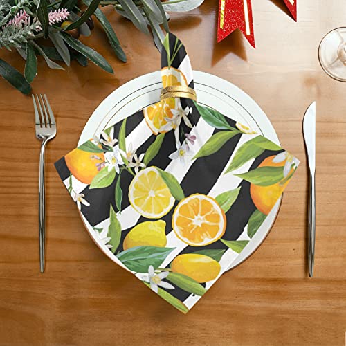 Spring Summer Lemon Vintage Napkins Set Of 6 Black And White Stripes Cloth Dinner Napkins For Dining Table Holiday Seasonal Party Decor Washable 20X20 Inches #TOP1
