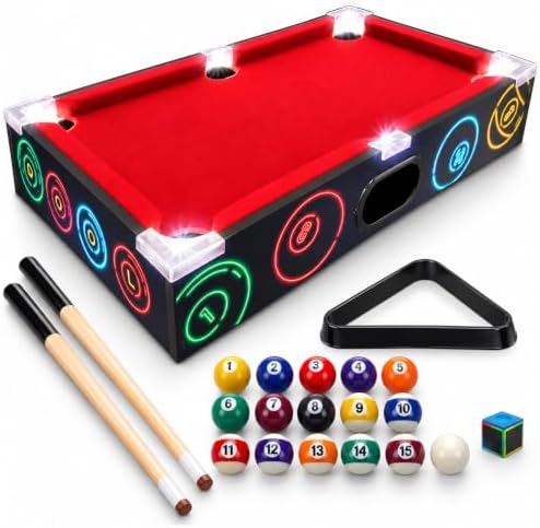 Mini Pool Table Set for Kids with Led Lights, 2 Cues, Balls & Rack ...