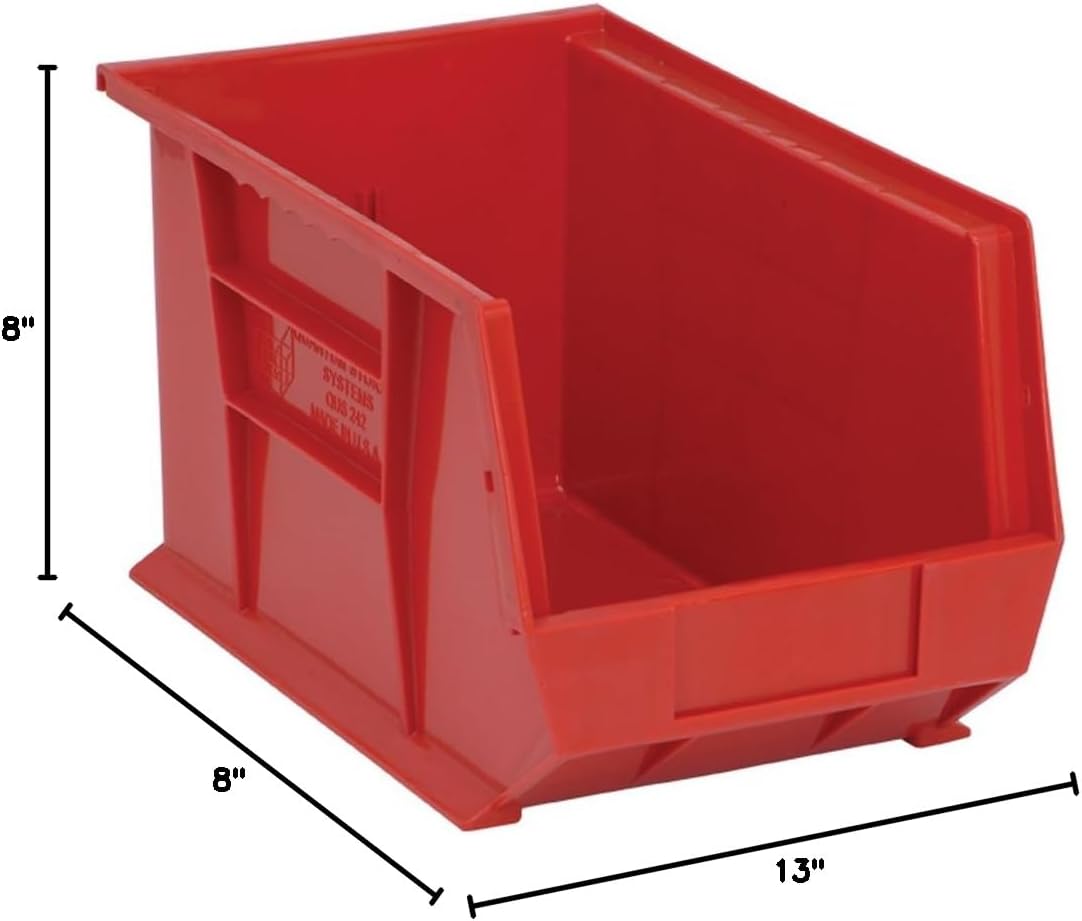 Quantum Storage QUS242 Heavy-Duty Stackable Plastic Storage Bins for Workshop, Warehouse & Garage, Ultra Stack & Hang, 13-5/8" x 8-1/4" x 8", Red, 12-Pack