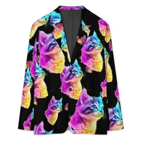 Colorful Cat with Butterfly Men's Slim Suit Long-Sleeve Prom Tuxedo Classic Two Button Business Jacket3