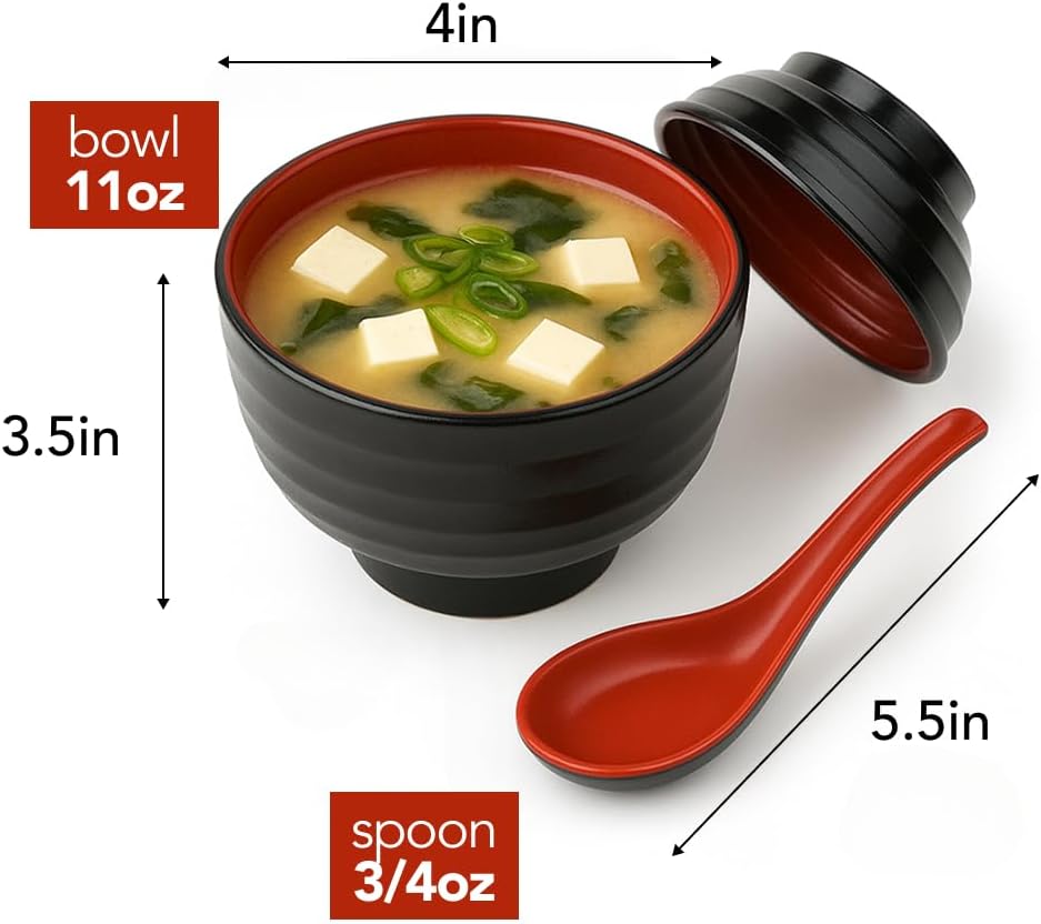 JapanBargain, Set of 6 Japanese Miso Soup Bowls with Lids and Spoons, 11 oz Black and Red, Rice Snack Dessert Bowl Set