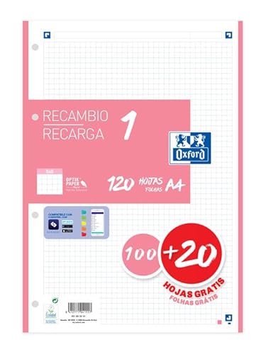 Imagen de Oxford Recambio 100H + 20H Gratis 4 Taladros A4 90Gr 5X5 1 Banda Rosa Chicle