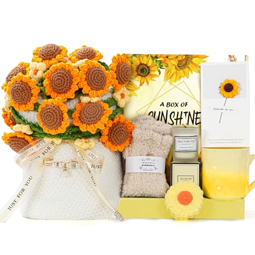 Handmade Knitted Crochet Flower Bouquet Blanket Gifts Basket for Women Birthday Gifts for Women Mothers Day Anniversary Wedding Romantic Unique Gifts for Wife Girlfriend Sister Friends Grandma