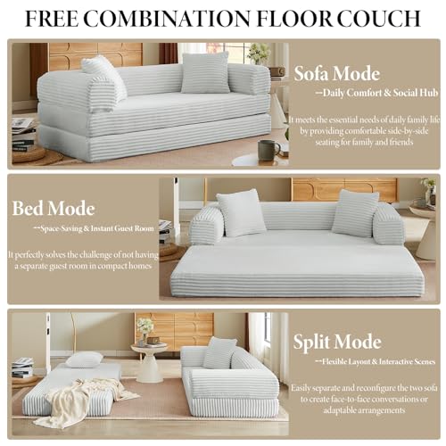 Image of Convertible Futon Sofa Bed, Fold Out Floor Sofa Couch with Sleeper Sofa,Folding Boneless Couches with Deep Seat,Cloud Corduroy Foldable Mattress Couch for Living Room(Light Gray)