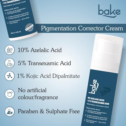 Image of BAKE 10% Azelaic Acid + 5% Tranexamic Acid Pigmentation Corrector Cream for Dark Spots, Pigmentation & Tan Removal | Fades Acne Marks & Scars | For All Skin Types | For Men & Women | 30g