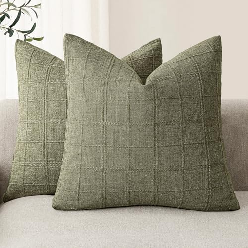 Image of Foindtower Boho Linen Check Decorative Throw Pillow Covers 24x24 Sage Green | Set of 2 Neutral Farmhouse Textured Cushion Cover,Modern Plaid Home Decor,Soft Cover for Sofa Chair Couch Bedroom Living Room