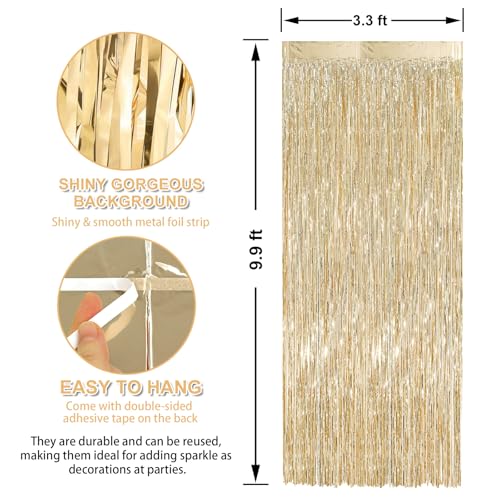 Image of Crosize 3 Pack 3.3 x 9.9 ft Champagne Gold Foil Fringe Curtains Party Decorations,Tinsel Curtain Backdrop for Parties, Door Streamers, Glitter Streamer Backdrop for Birthday Decoration