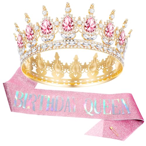 Grevosea Coroa rosa para mulher, coroa de rainha de aniversário e banda com diamantes de imitação, coroas de aniversário, casamento, noiva, acessórios para o cabelo para festa de princesa, acessórios