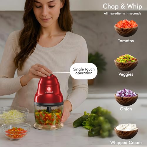 Image of Homeplus Electric Chopper - Nova 500W (Red) | Multipurpose Vegetable, Fruit & Meat Chopper with Dual Blade System, 500ml Large Bowl | Fast & Even Chopping, Easy Clean, Compact Design