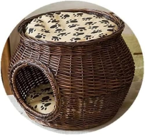 LumoLight ペットハウス ドームベッド 二段式 藤と籐 猫ベッド 天然素材 オールシーズン 手編み 柳の枝 ラタンバスケット 通気性 夏涼しい (A)