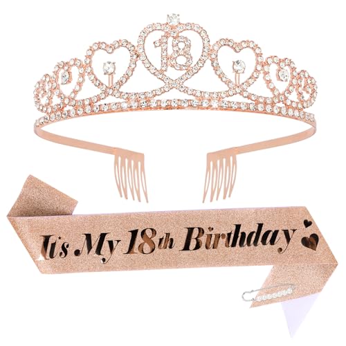 Amariver 18th Birthday Crown and Sash for Girls 18th Birthday Decoration 18th Rose Gold Tiara and Its My 18thBirthday Sash 18th Party Gifts Party Supplies