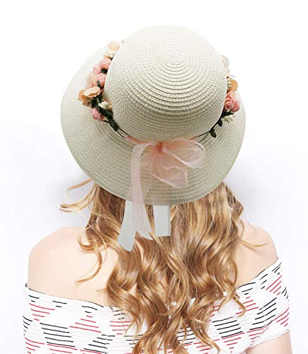 Lovful Fashion Flower Lace Ribbon Wide Brim Caps Summer Beach Sun Protective Hat Straw Hats For Women, White #TOP2