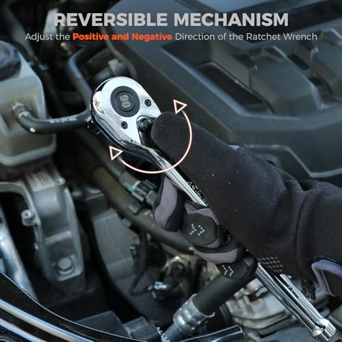 Image of HORUSDY 1 /2 inch Drive 90T Quick-Release Ratchet Handle, Reversible Chrome Alloy Socket Wrench with 1 /2 inch to 3 /8 inch Adapter, Durable and Comfortable for Automotive, DIY, Industrial and Bicycle Repairs
