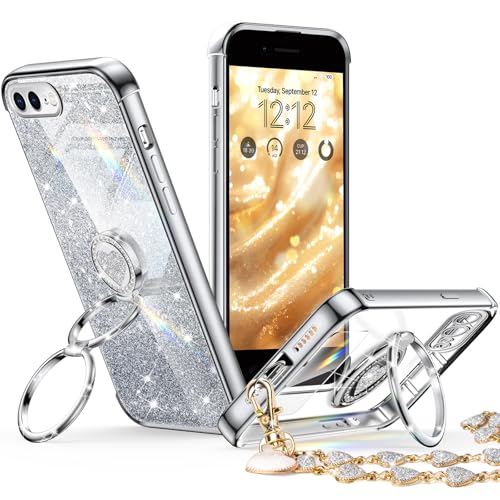 Coque pour iPhone 8 Plus antichoc avec anneau support paillettes argent