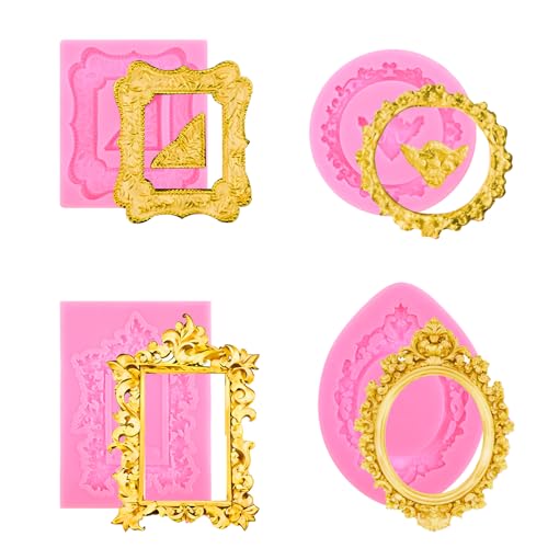 XLIUAX 4Pcs Silicone Photo Frame Molds for Chocolate, Pink Mini Fondant Sugar Candy Mold, Baroque Style Picture Frames Cakes Molds for Cupcake, Donut, Dessert Air Dry Clay Cake Decoration