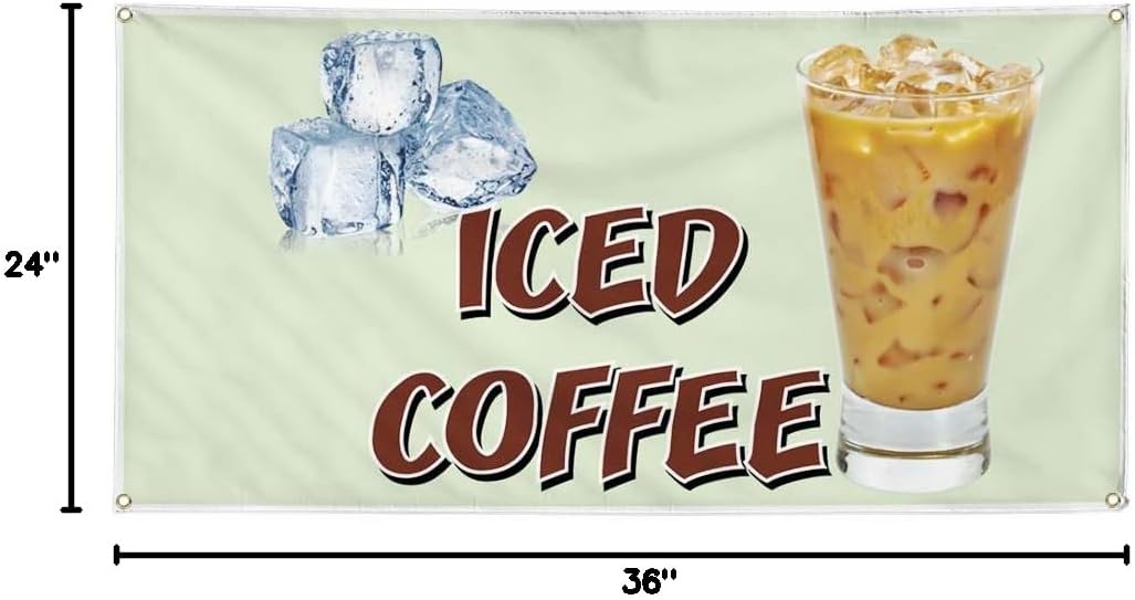Vinyl Banner Multiple Sizes Iced Coffee Restaurant Cafe Bar D Restaurant & Food Outdoor Weatherproof Industrial Yard Signs White 4 Grommets 24x36Inches