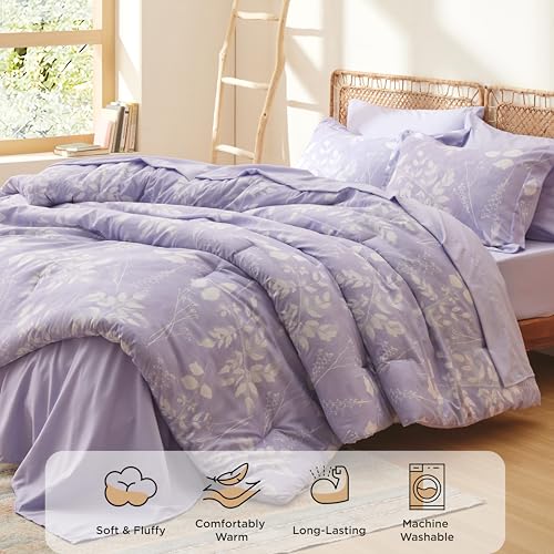 Image of Bedsure Floral Lavender Comforter Set, King Bedding Sets, 7 Piece | Bed in a Bag, Comforters, Bedroom, Reversible, Fluffy, Whisper-Quiet, All-Season, Polyester, Easy Care, Botanical-Chic, OEKO