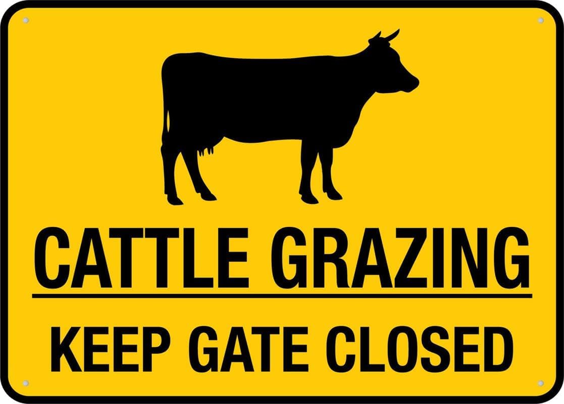 Cattle Grazing Keep Gate Closed Rust Free Aluminum Tin Sign - Warning Decor with Pre-Drilled Holes for Indoor-Outdoor Farm Gate, Pasture Entrance, Ranch Road - 8x12 Inch​