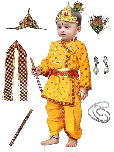 Image of Kaku Fancy Dresses Krishna Metal, Cotton Costume for Kids, Baby Dress for Janmashtami, Kanha Dress, Krishnaleela Costume, Infant Bal Gopal, Fancy Dress Costume for Boys /Girls (Yellow, 6-12 Months)