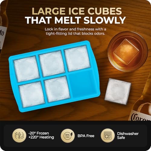 Image of Large Ice Cube Trays for Whiskey, Silicone Ice Cube Tray, with Reinforced Steel Ring Top, Makes 12 perfect 2-in ice cubes, Square Ice Tray for Cocktails, Whiskey, Coffee. (2 Pack)
