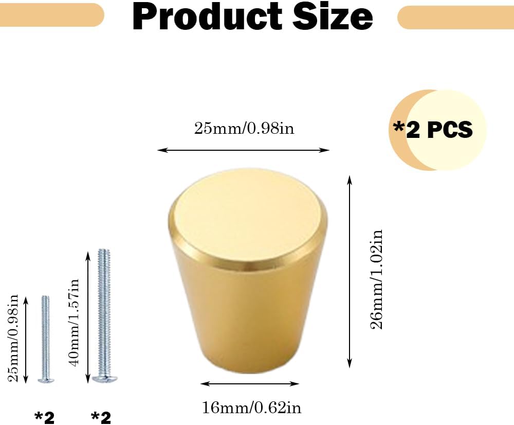 2 Packs Gold Cabinet Knobs Cylinder-Shaped Kitchen Cupboard Knob Alloy Cupboard Handles Knobs with Screws for Drawer Cupboard Wardrobe