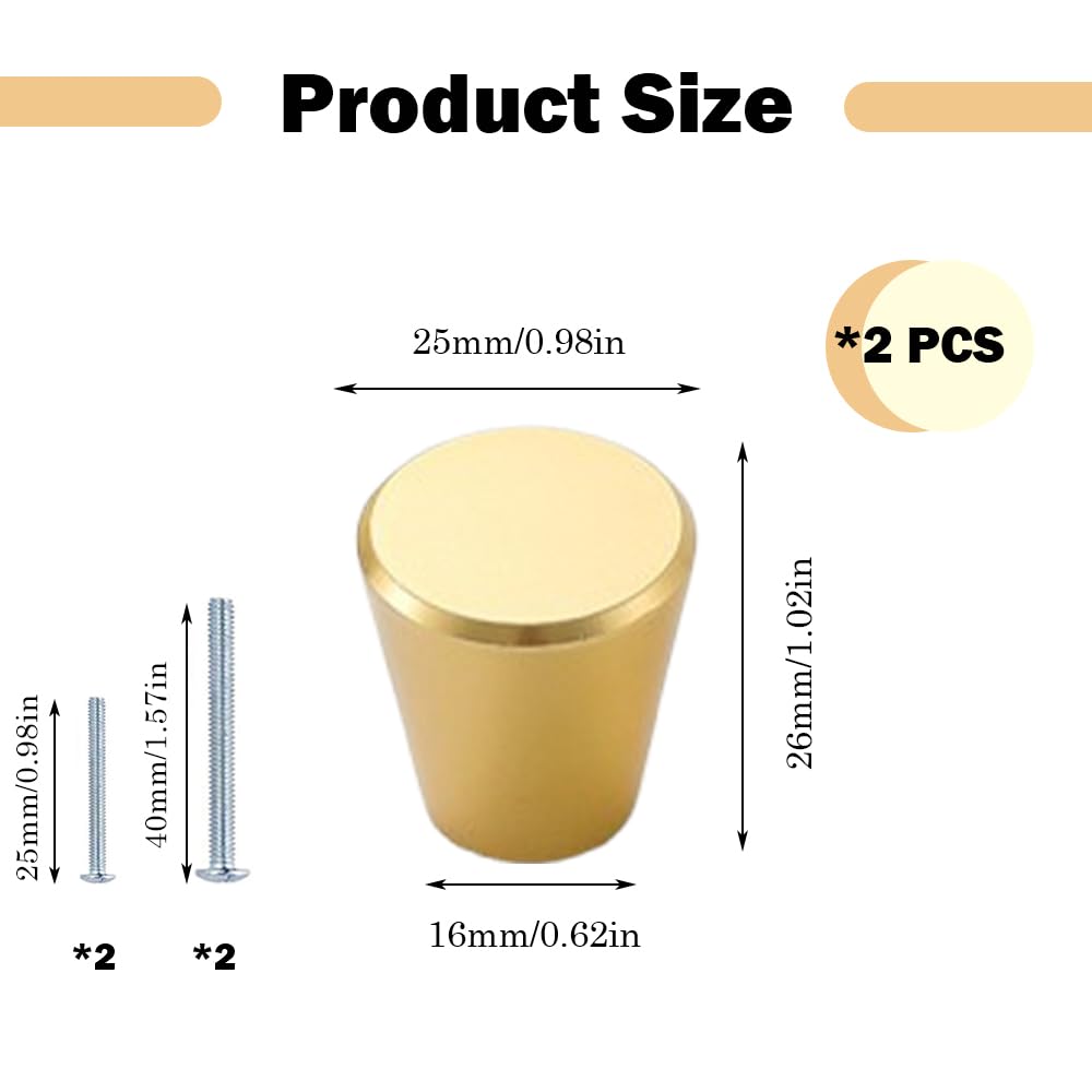 CjingCH 2 Packs Gold Cabinet Knobs Cylinder-Shaped Kitchen Cupboard Knob Alloy Cupboard Handles Knobs with Screws for Drawer Cupboard Wardrobe - Image 2
