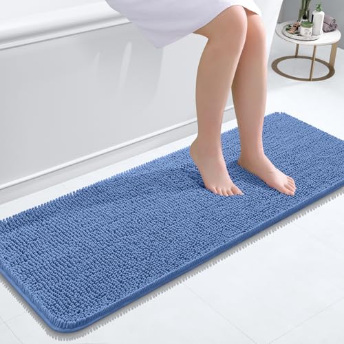 Image of OLANLY Bathroom Runner Rugs 47x17, Soft Absorbent Chenille Bath Rugs, Rubber Backing Quick Dry, Machine Washable Long Bath Mats for Bathroom, Tub and Shower, Home Decor Accessories, Cornflower Blue