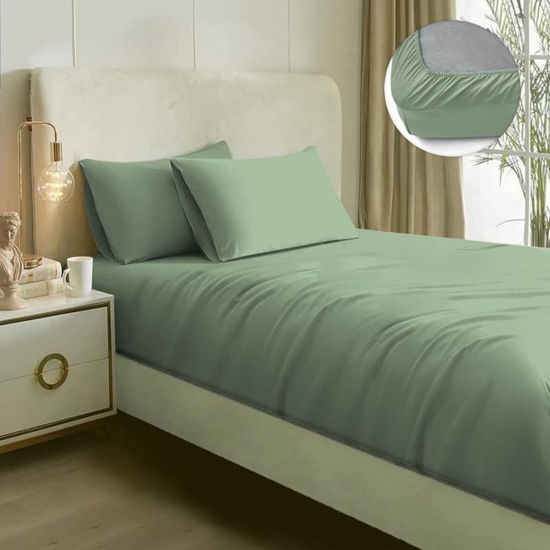 Image of NAKSH Elastic Fitted Bedsheets King Size 78 x 72 Inch, 210 TC Plain Pure Cotton, Moss Green | 1 King Size Bedsheet with Elastic Fitted and 2 Pillow Covers