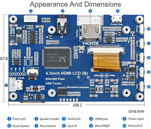 Image of waveshare 4.3inch Capacitive Touch Screen LCD Compatible with Raspberry Pi 5 /4B /3B+ /3A+ /2B /B+ /A+ /Zero /Zero W /WH /Zero 2W CM3+ /4 800x480 Resolution HDMI IPS Supports Jetson Nano /Windows