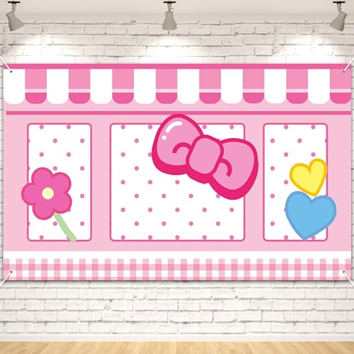 Cute Cartoon Pink Cat Backdrop - Banner Flower Bow Heart Vinyl Fa...