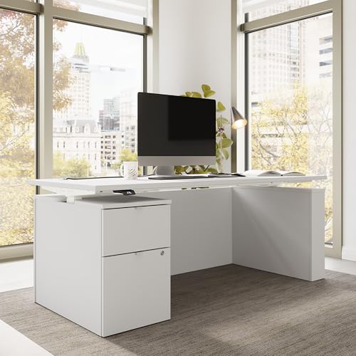Image of Bush Business Furniture 72-inch Electric Height Adjustable Standing Desk with File Cabinet, Ergonomic Sit-Stand Computer Table for Office, Stratus Collection, White with White Base