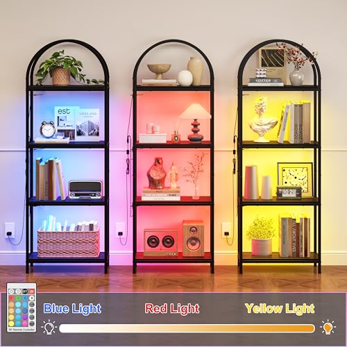 Image of Yusong LED Bookshelf 4 Tier Arched Bookcase, 71.3 inch Tall Industrial Open Book Shelves for Living Room, Modern Freestanding Display Storage Rack with Metal Frame, Office, Bedroom, Black