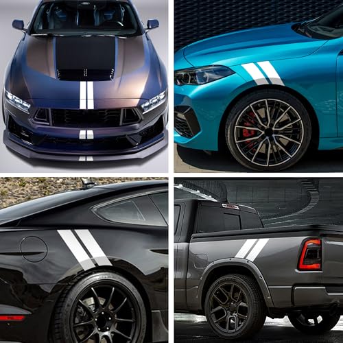 Image of TOMALL 2 Pair Racing Sport Stripe Vinyl Decals for Car Fender Hood Bumper Trunk Auto Stripe Graphic Stickers Decorations for Pickup Vehicle SUV Truck Off-Road (White)