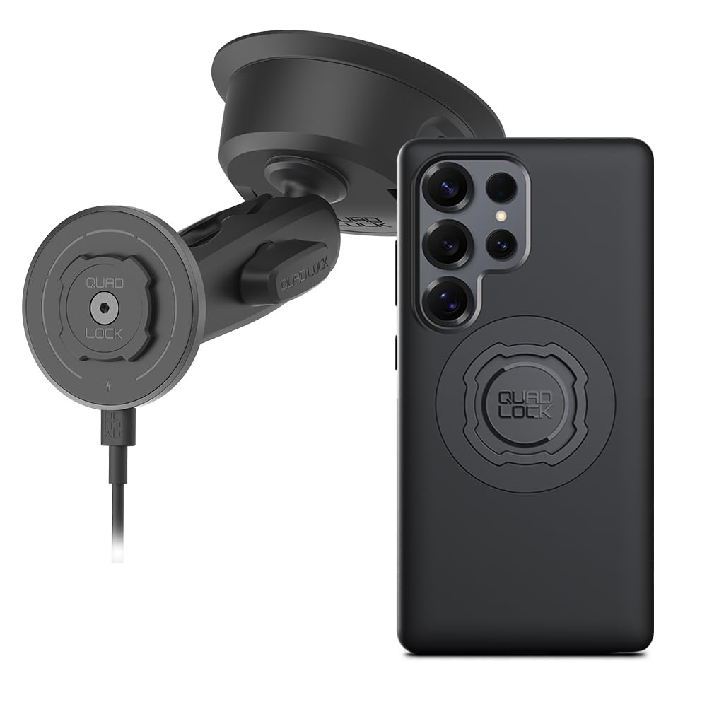 Quad Lock Wytrzymały uchwyt samochodowy na telefon z przyssawką z etui MAG i bezprzewodową głowicą ładującą MAG do Galaxy S25 Ultra