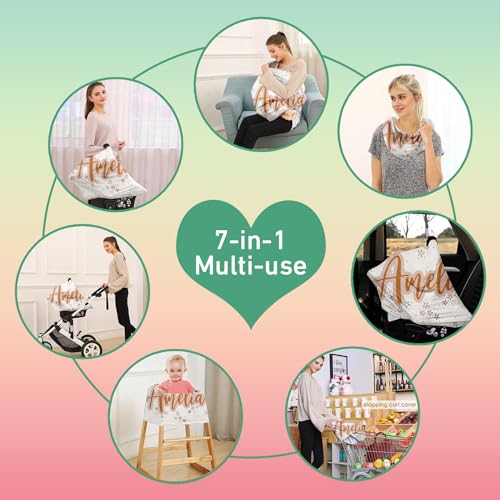 Image of Personalised Car Seat Cover for Girls and Boys - 7 in 1 Multipurpose Breast Feeding Cover, White Star Nursing Cover, Grocery Cart Cover - Birthday Gift for Babies
