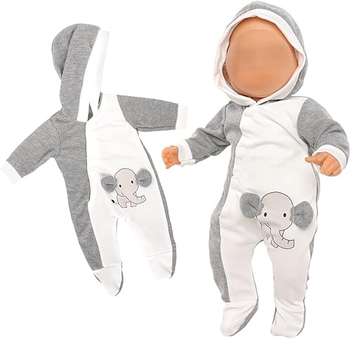 Miunana Ropa de muñeca de bebé de 14 a 17 pulgadas, traje de pijama de elefante, 1 pieza para bebé de un año de 15 pulgadas, ropa de muñeca gris y