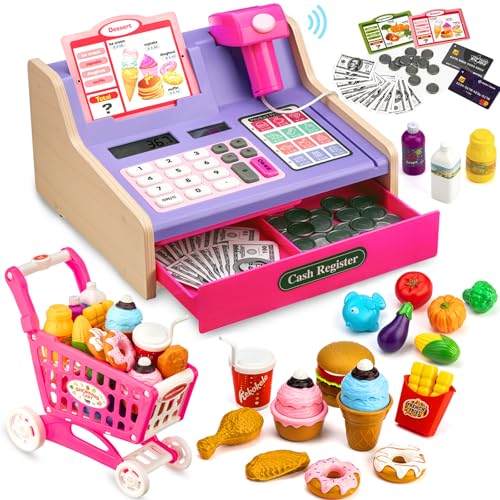 Wooden Cash Register for Kids with Shopping Cart Rechargeable Kid Cash Register with Scanner Gift for Kids Age 3 4 5 6 7 8 9 Year Old Pretend Play for Toddlers Toys for 3-12 Year Old Girls